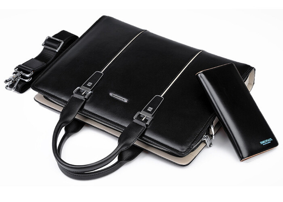 Leather Mens Business Briefcase Satchel Handbag with durable shoulder belt